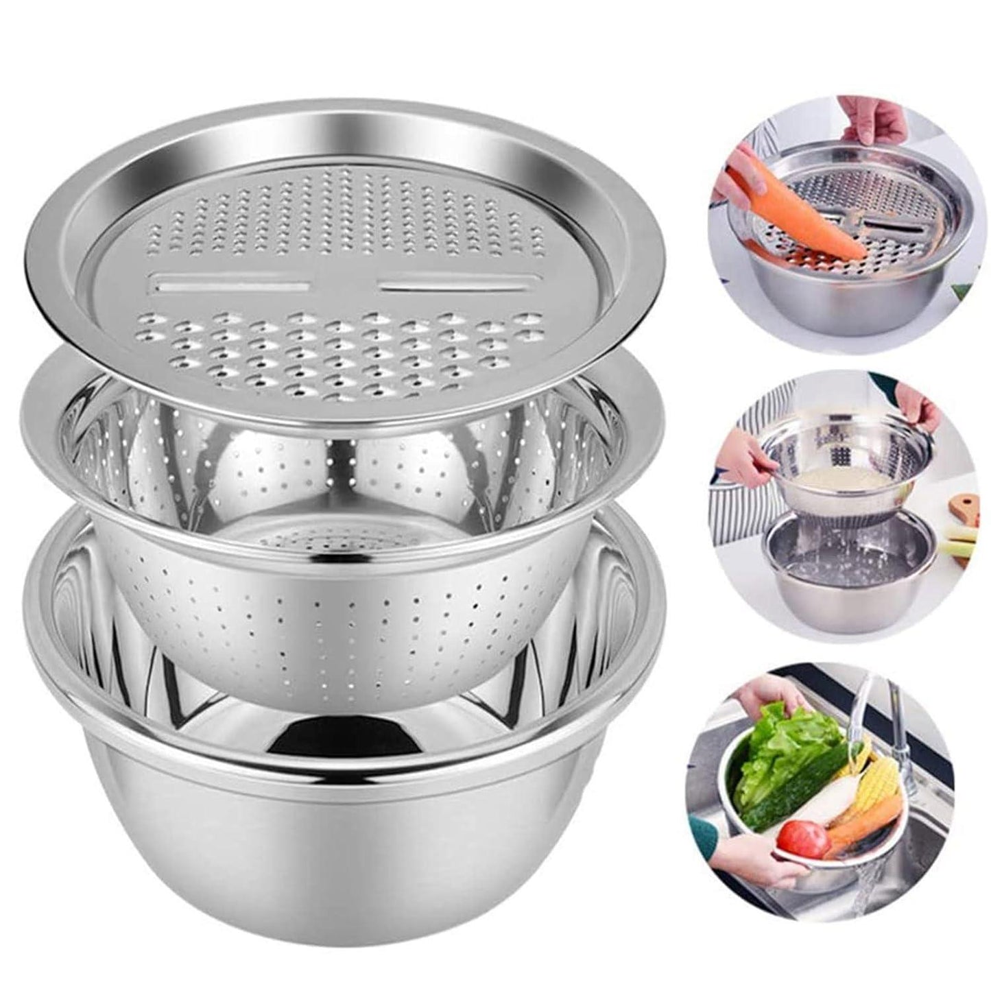 3 in 1 Multifunctional Grater Basin-Stainless Steel Colanders Set