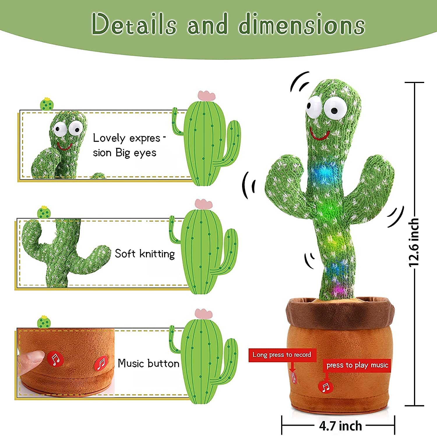 Dancing Cactus Toy|Led Lights & Talking Musical Dancing Plush Cactus Toy|Early Educational Toy For Kids Babies Children|Wriggle&Singing Repeating What You Say Cactus Toys 120 Songs