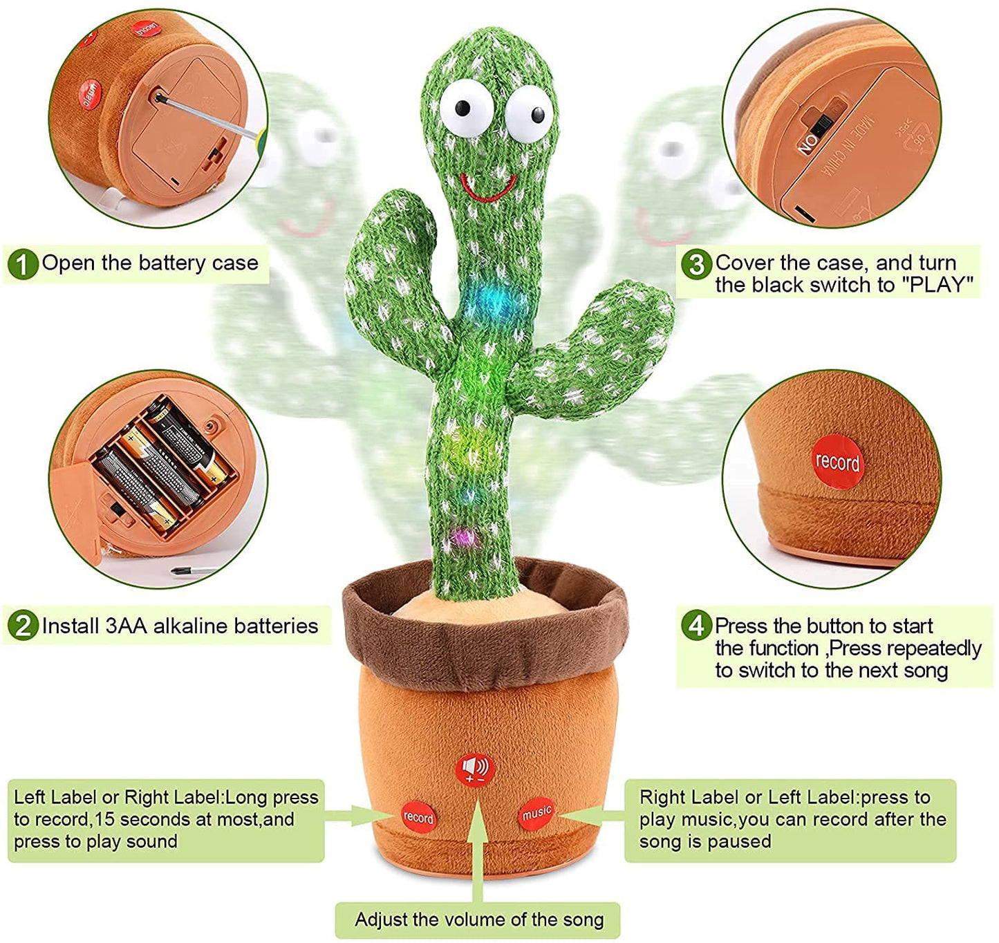 Dancing Cactus Toy|Led Lights & Talking Musical Dancing Plush Cactus Toy|Early Educational Toy For Kids Babies Children|Wriggle&Singing Repeating What You Say Cactus Toys 120 Songs