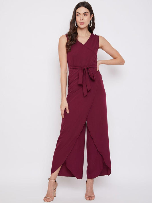 UPTOWNIE Women's Crepe Solid Wrap Tie-Up Jumpsuit