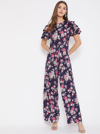 UPTOWNIE Women's Crepe Floral Flared Sleeves Jumpsuit