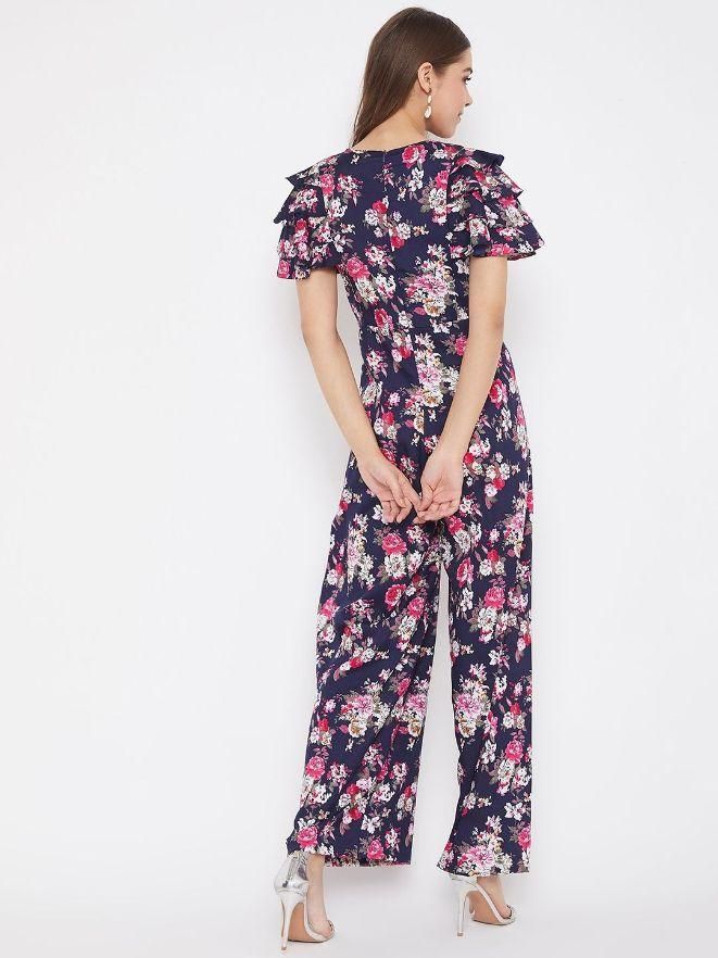 UPTOWNIE Women's Crepe Floral Flared Sleeves Jumpsuit