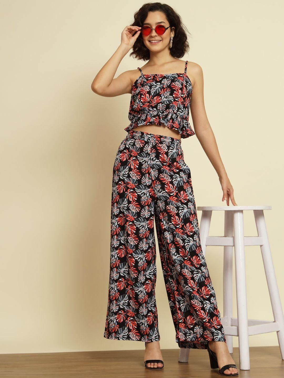 TRENDARREST Black Leaf Printed Co-ord Set